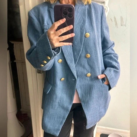 Unbranded Nubby Tweed Slate Blue Blazer With Gold Buttons Very Chic!! Sz XL - Picture 1 of 15